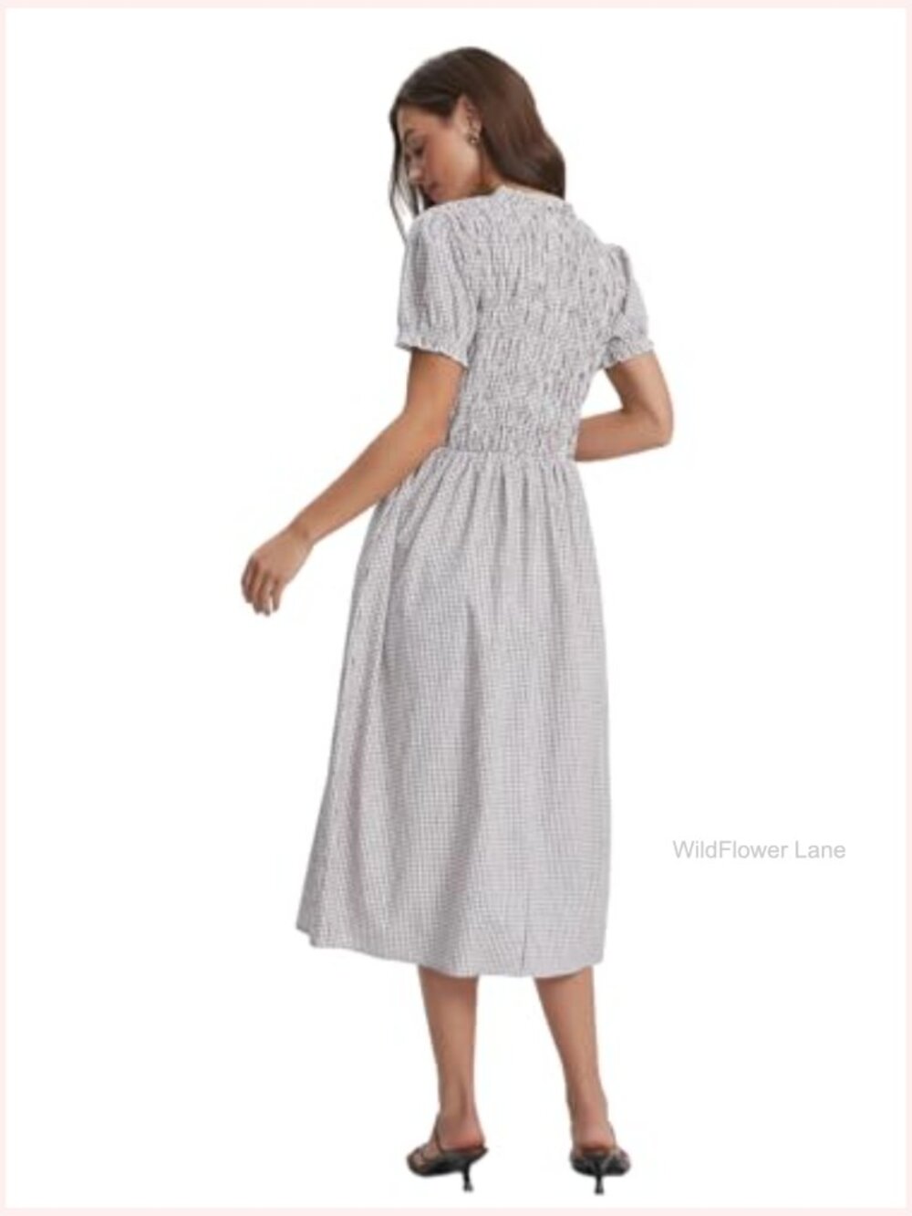 Puff Short Sleeve Plaid Flowy Boho Beach Gingham Smocked Vacation Midi Sundress - Picture 5 of 6